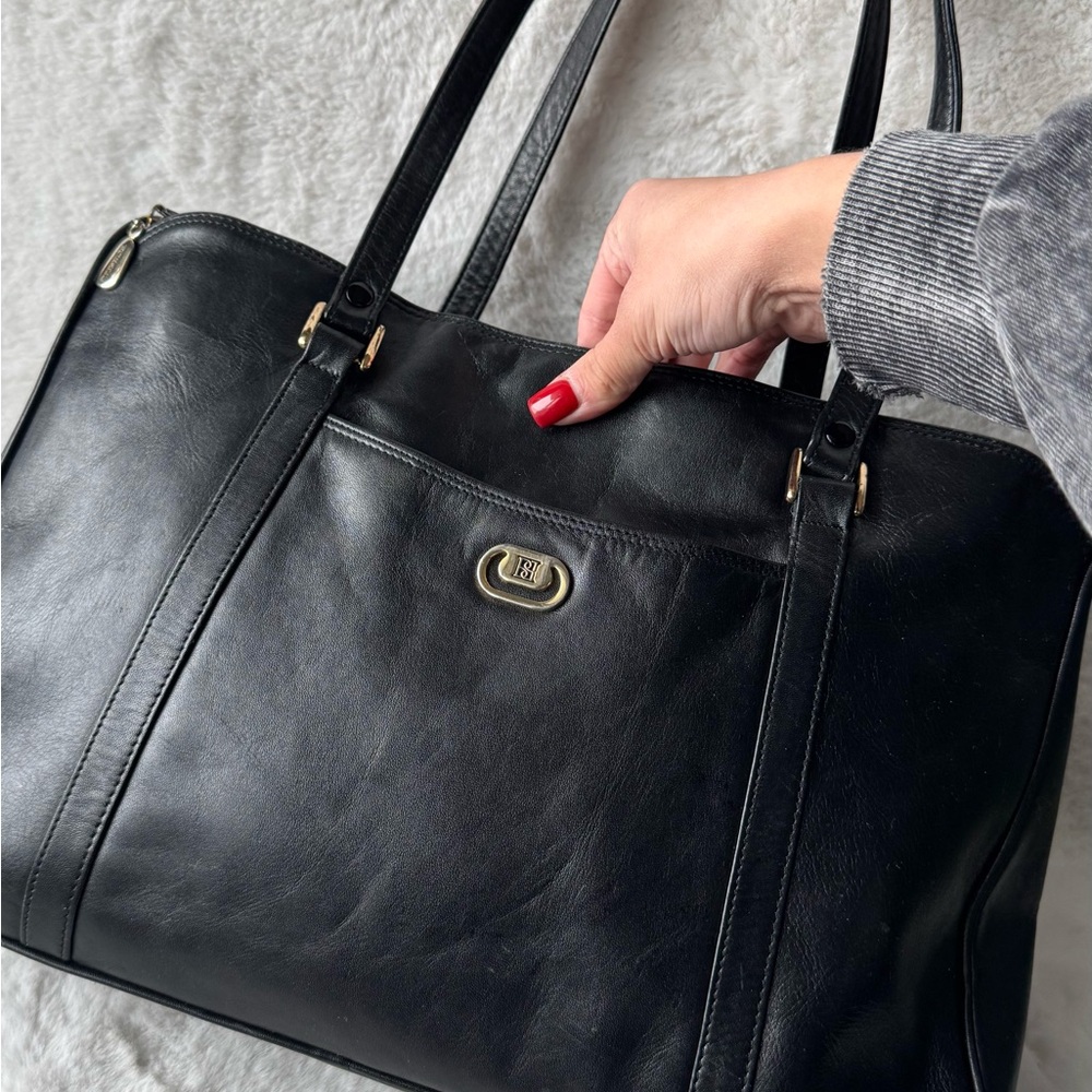 Borelli Black Leather Tote Bag with Gold Accent